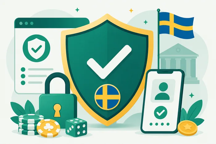 Trygghet och svensk spellicens – sk&ouml;ld med bockmarkering, h&auml;ngl&aring;s och svensk flagga